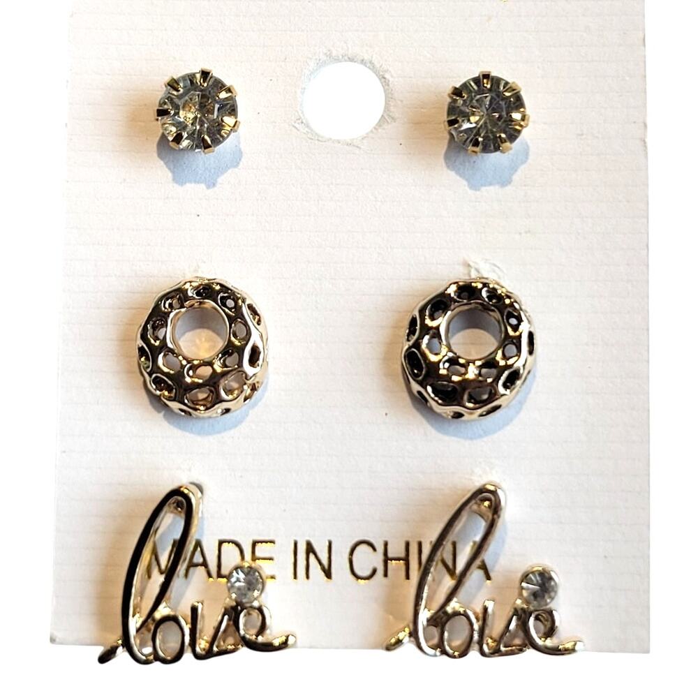 Gold Tone Love Stud Earrings Set w/ Crystal & Donut Style 3 Pairs + Gift Bag